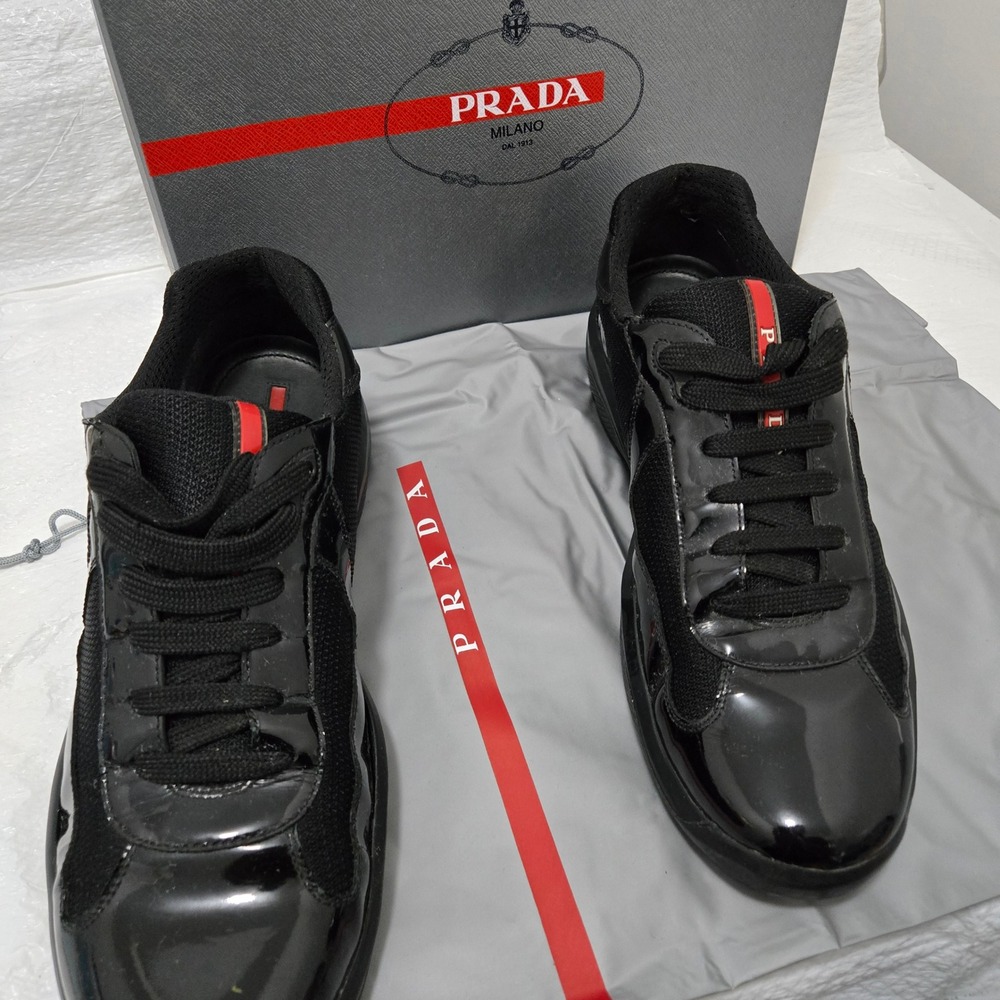 Prada Americas Cup Sneakers Black Patent Leather Mesh Linea Rossa Low Top